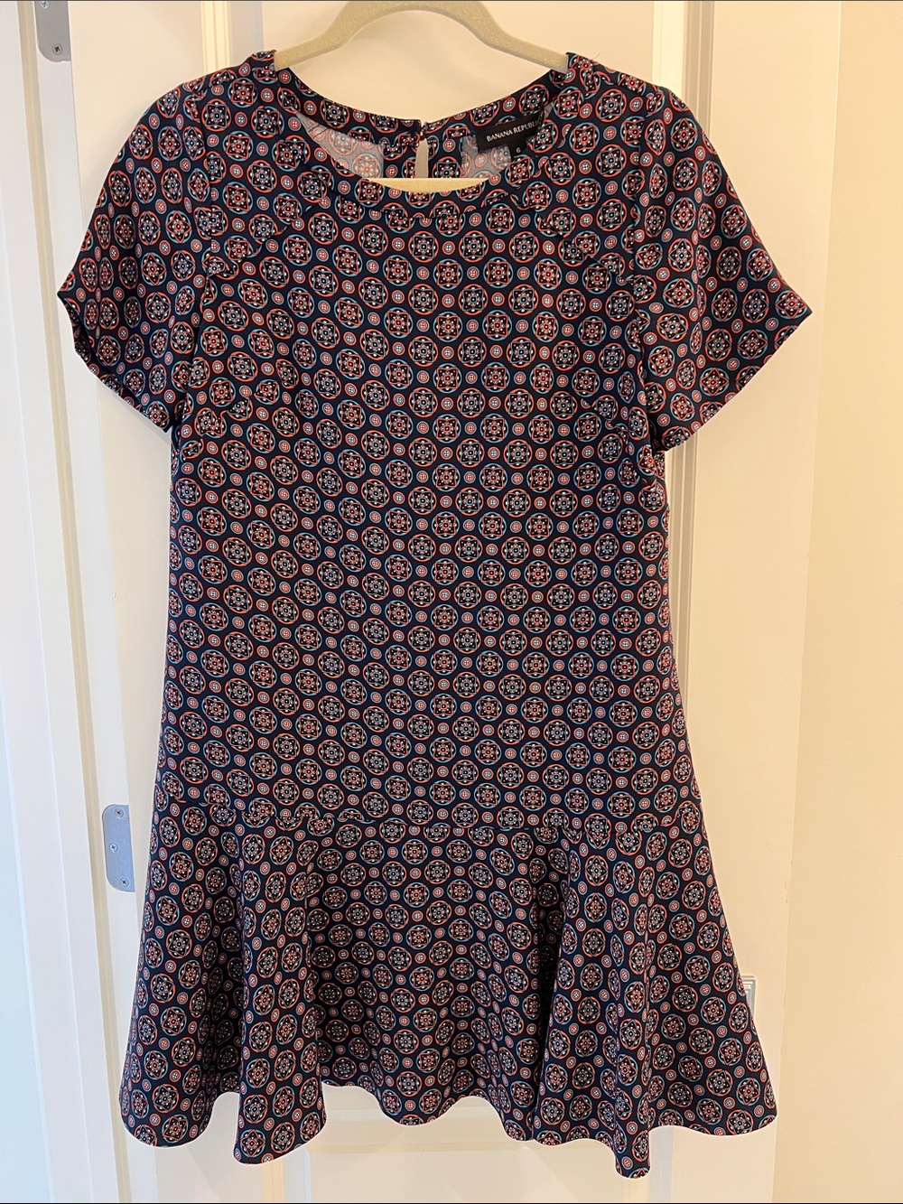 Banana Republic Navy and Red-Orange Medallion Fit-and-Flare Mini Dress